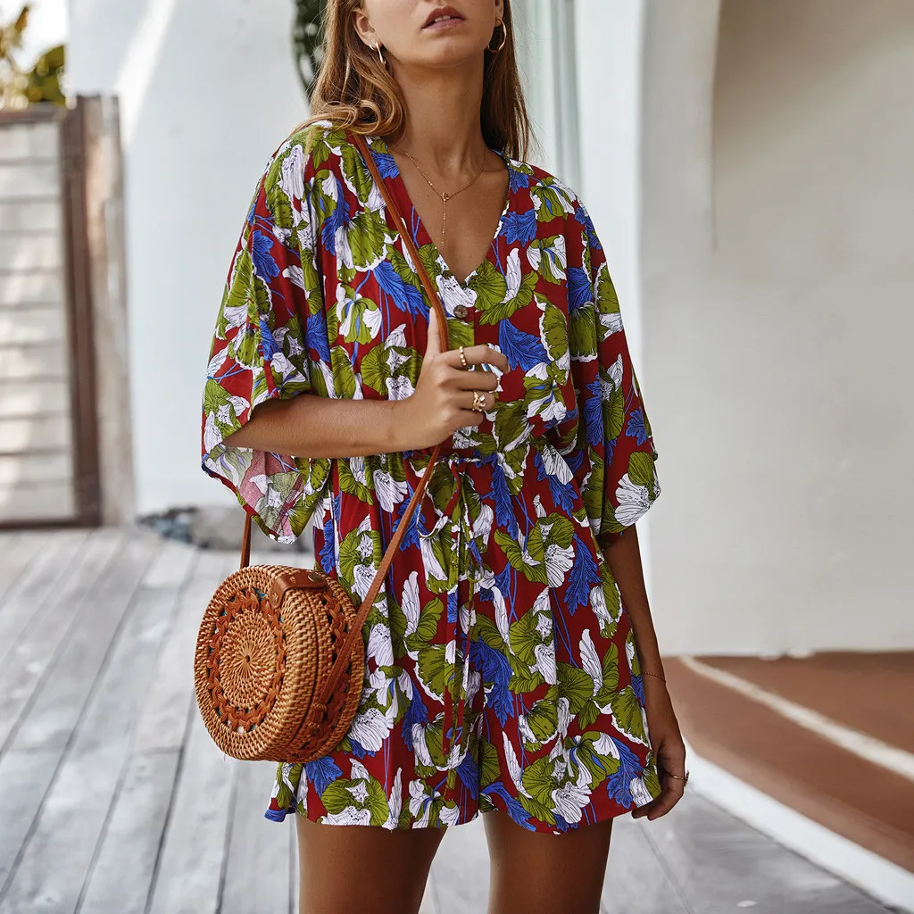 KANCOOLD JURKSUIT Fashion Floral Print V-hals Kortärmad Playsuit Casual Short Playsuits Streetwear Women Jumpsuit 2020APR16 T200704