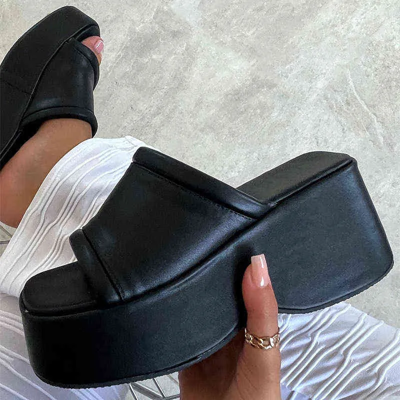 Slippers Thick Bottom Summer Women Female Pu Leather Square Toe Outdoors Shoes Ladies Solid Light No Slip Casual Footwear 220304