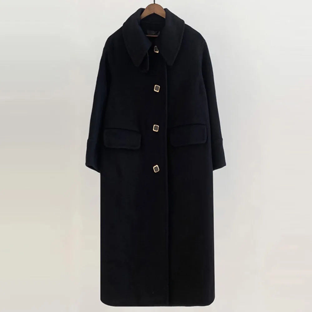Noir long manteau de laine femmes hiver pardessus 2020 Vintage bouton manteaux de laine mode coréenne lâche chaleur femme bureau outwear T200814