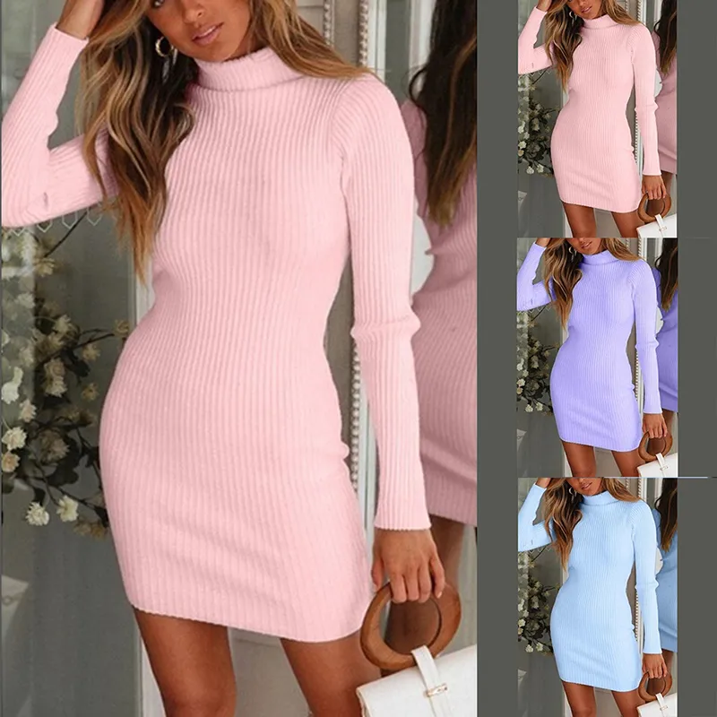 Otoño Invierno Cálido Manga larga Mujer Suéter de punto Vestido Rosa Cuello alto Suéteres Jersey Jumper Ropa femenina Y0118