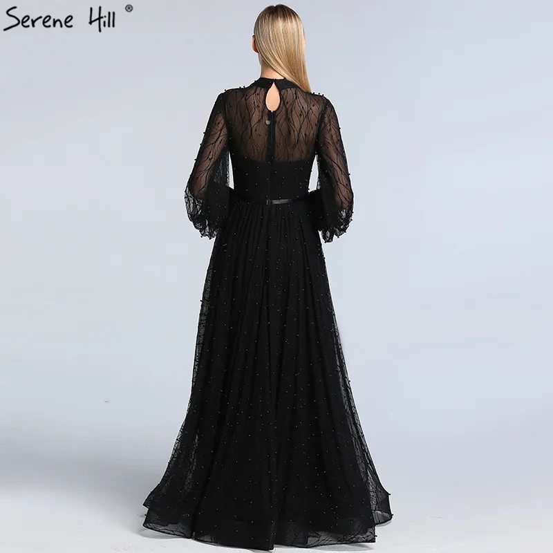 Perles de pêche noire A-ligne robes de soirée 2020 dernière conception manches longues robes de soirée sexy Serene Hill Plus Size LJ201125