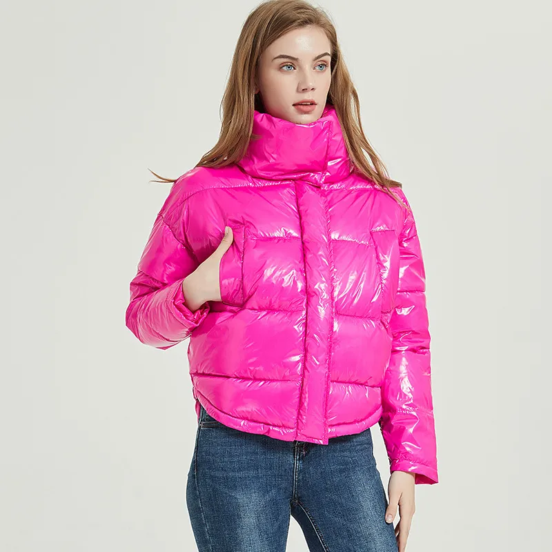 Giacca invernale lucida le donne Rosa Rossa Parka Pane femminile Inverno Giù Parka Parka Cappotto impermeabile lucido imbottito in cotone 201110