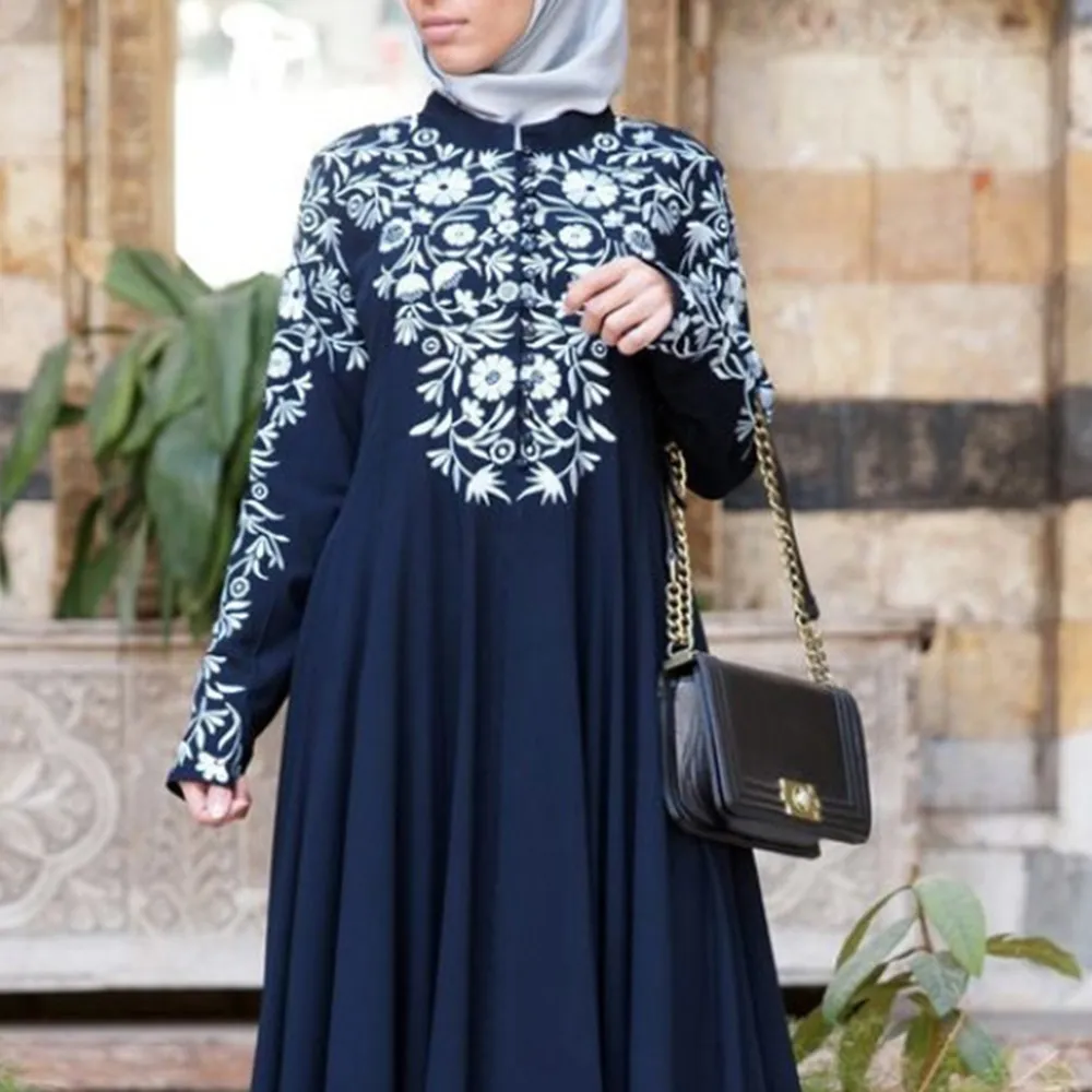 Dubai Müslüman Abaya Uzun Elbise Kadınlar Etnik Çiçek Baskı İslam Kaftan Robe Maxi Elbiseler Artı Boyutu Uzun Kollu Güz Femme Vestiod Y0118