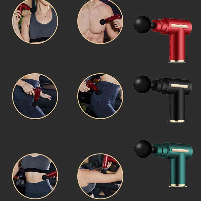 Massage Gun Portable USB Uppladdningsbar Djupvävnad Percussion Muscle Massager för smärtlindring Fascia Gun Electric Body Massager Y1223