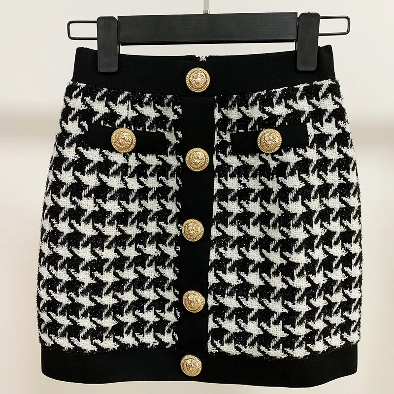 Högkvalitativ nyaste designer kjol kvinnor lejon knappar skimmer tweed houndstooth mini kjol 20111010