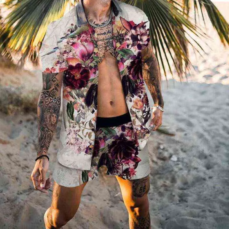 Summer Men Print Sets Hawajski Krótki Rękaw Koszulki Oddychające Szorty Wakacyjne Plaża Mężczyźni Garnitury 2 Sztuk Streetwear S-3XL G220224