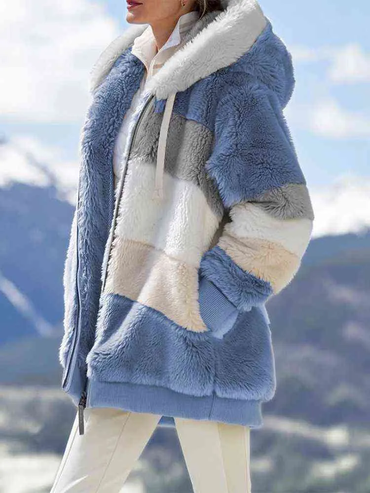 Giacca invernale con cappuccio da donna 5X Plus Size Giacca in cotone moda Tasca con cerniera patchwork in peluche allentata Top coat manica lunga 220105