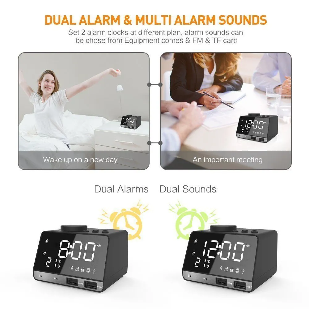 LED Digital Dual Alarm Lustrzany Zegar Bezprzewodowy Bluetooth Głośnik Bass FM Radio + 2 Porty Ładowarka USB Odtwarzacz Muzyka Drzemana Temperatura LJ200827