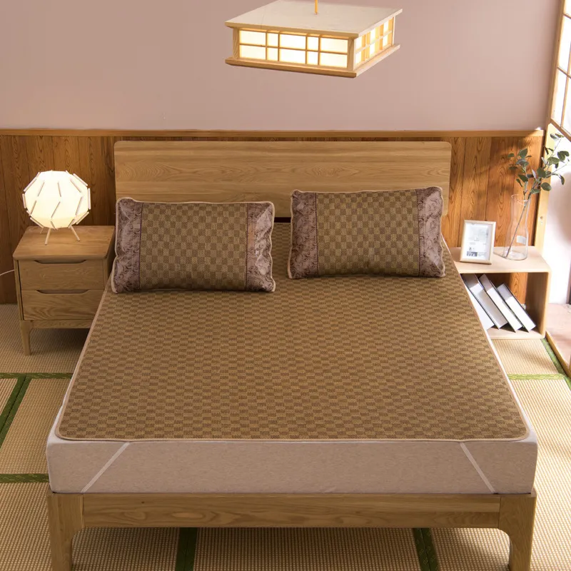 Kit de verão rattan grade conjunto de folha ajustada café fresco cama geométrica dormindo linho esteira colchão capa colcha 201218