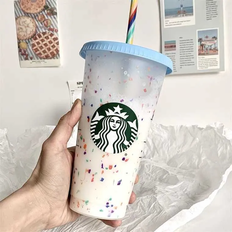 Starbucks Tumbler Reutilizable Vaso de plástico reutilizable con tapa y plástico de paja Copa de paja colorida de la botella fría Cambiar confeti Copa de frío MLH9RU