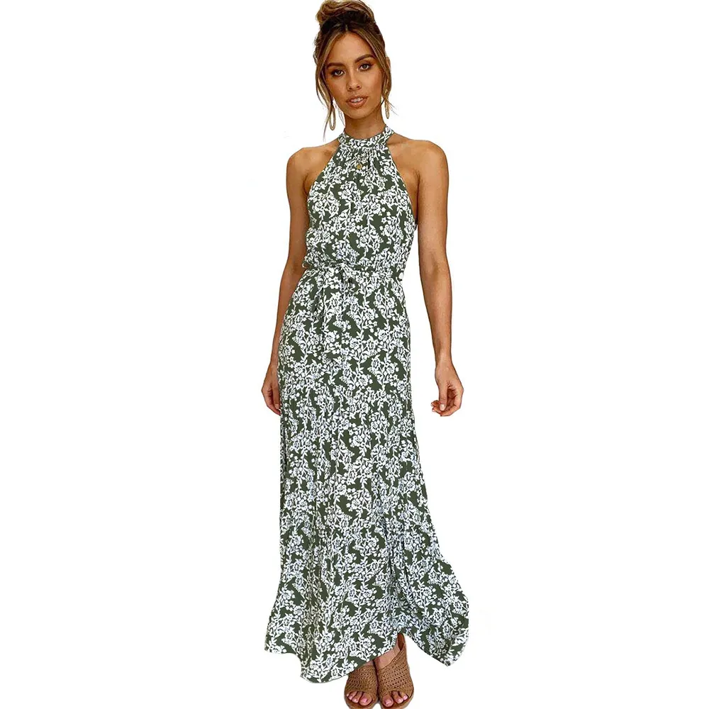 summer print boho dress women 2020 hater sleeveless long dress girls holiday pleated floral maxi dresses Y0118