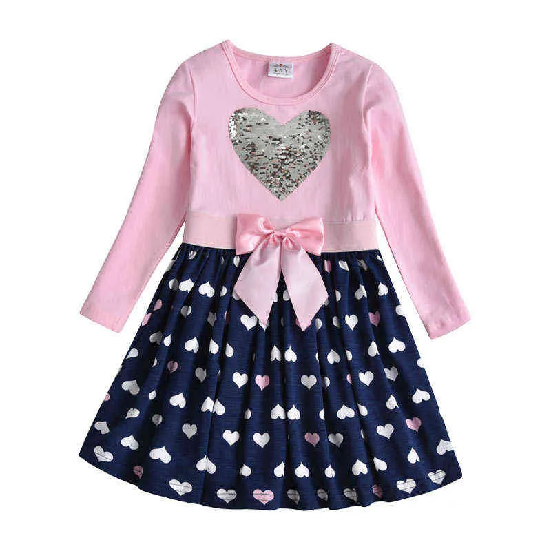 Dxton Girls Inverno Dress Kids Sequin Sequin Design Design ES para Crianças Manga Longa Algodão Vestidos LH5740 211231