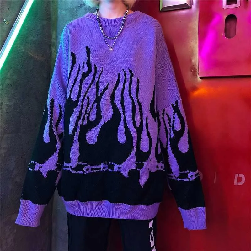 Pull Homme Blue Flame Sweater Vermelho Roxo Homens Mulheres Outono Inverno Moda Coreana Vintage Hip Hop Camisolas Roupas Masculinas 211224