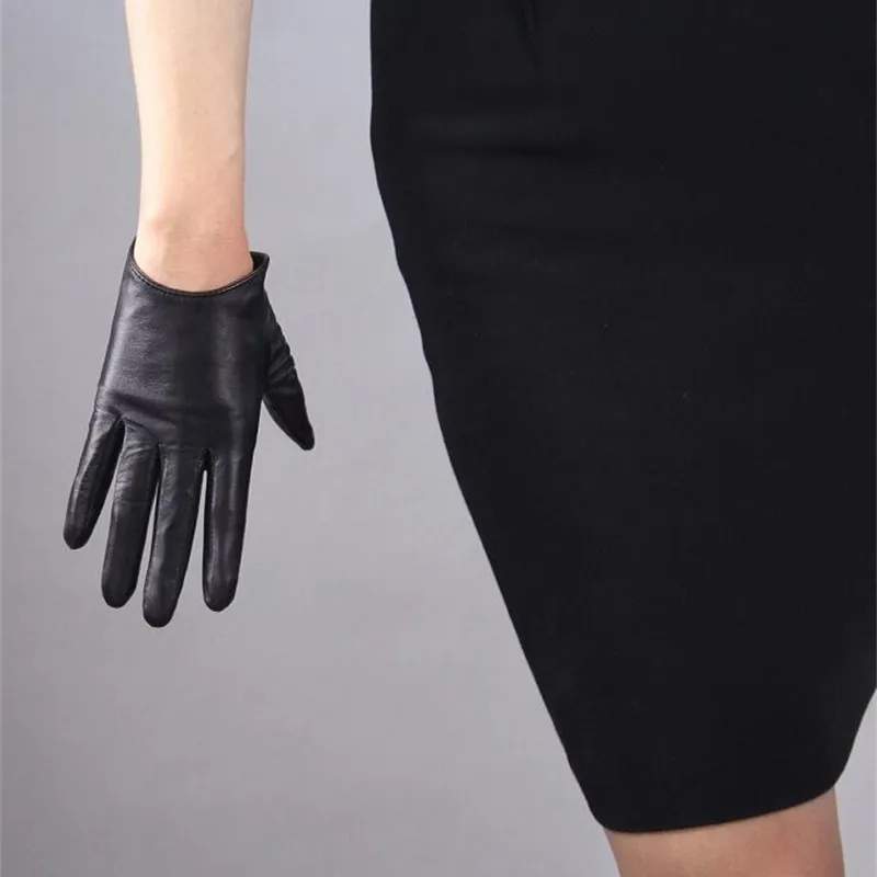 Guantes de piel de oveja de diseño corto para mujer, guantes finos de cuero genuino con pantalla táctil, guantes negros para motocicleta R630 201104284s