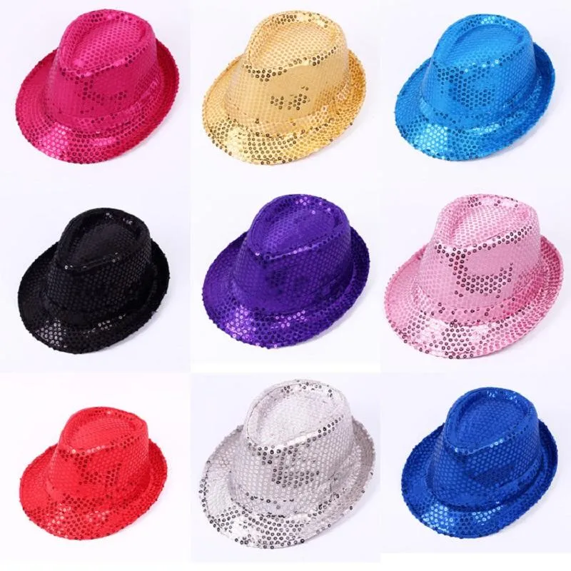 Breite Krempe Hüte Erwachsene und Kinder Unisex Brilliant Glitter Pailletten Hut Tanz Fedora Kid Cap Solide Jazz Party Kostüm 2size1237H