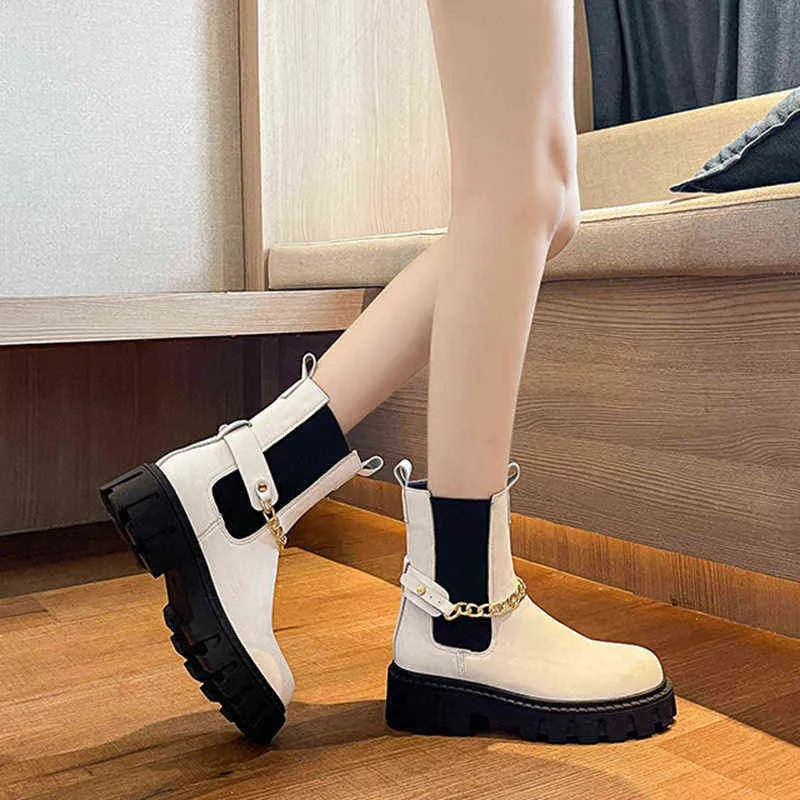 2021 Kadın Chelsea Lüks Tasarımcı Çizmeler Lady Fetiş Tıknaz Platformu Ayak Bileği Çizmeler Moda Patik Lolita Gotik Metal Zincir Ayakkabı Y1209