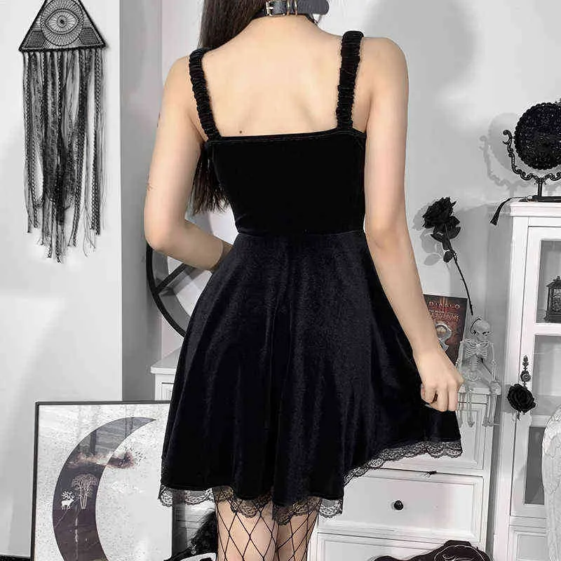 Темный стиль бархатные кружевные ремни платье женские школа девушки весна лето американский новый замша юбка платье женщины молодой sxhlyq481 y220214