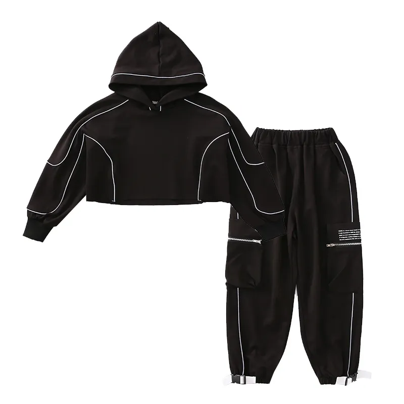 Barnflickor sätter Black Hoodie Sweatshirts Reflekterande Strip Sweatpant 2st Passar Harembyxor Sport Outfits Hip Hop TrackSuit 2020x1019