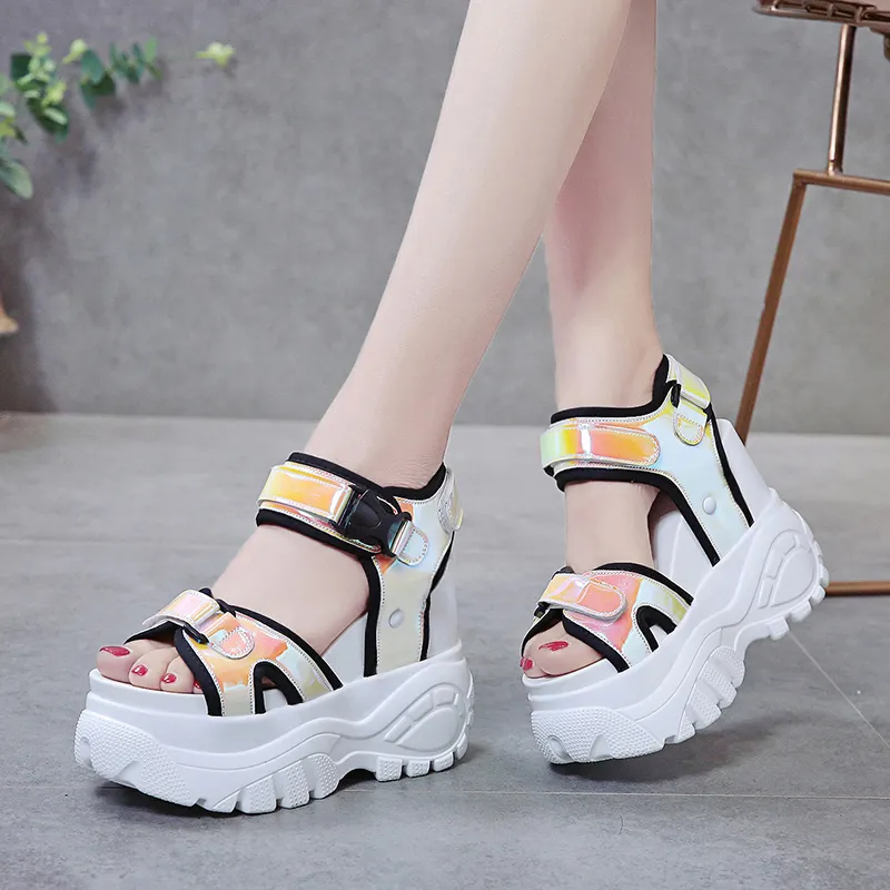 11cm / 4.29 inch hoogte wig sandalen mode zomer schoenen avondmaal hoge hak schoenen vrouw chunky sandalen dikke bodem platte platform