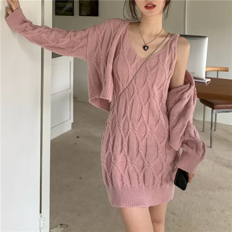 Koreański Chic Słodki Dzianiny Różowy Twist Suckder Sukienka Mini Loose Jesień Sweter Zestawy V Neck Knit Cardigan Crop Kurtka 220302