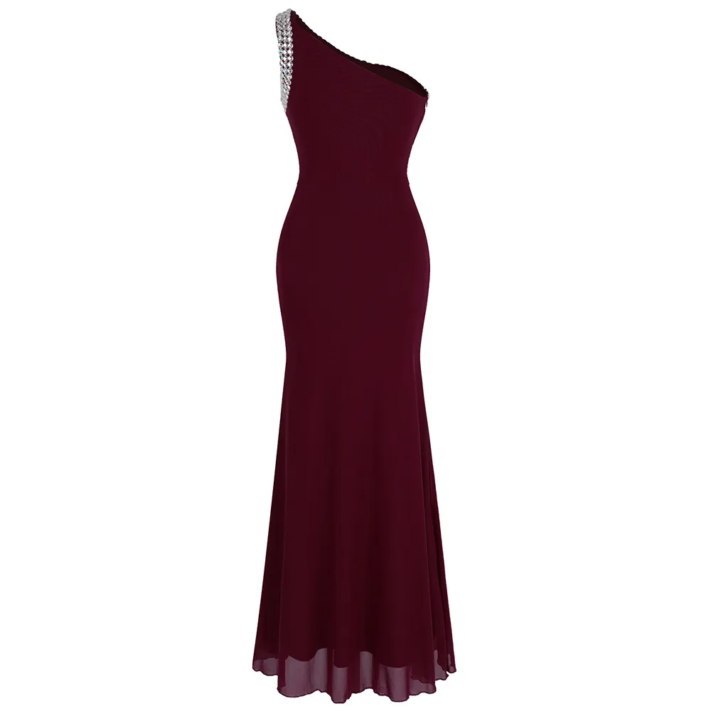 Angel-Fashions Robe de soirée asymétrique pour femmes, longue robe plissée à perles, tenue de soirée formelle, vin rouge 411 T200604