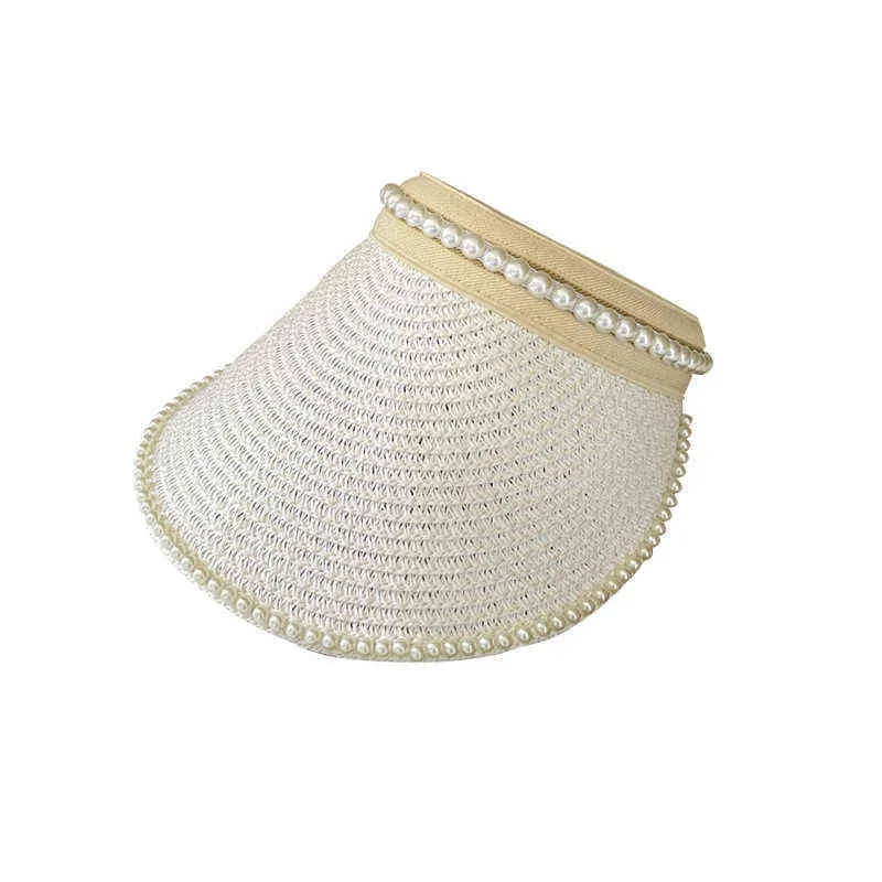 2022 femmes imitation perle vide haut chapeau de paille décontracté été plage soleil chapeaux large bord crème solaire sports de plein air casquette Zomer casquettes G220301