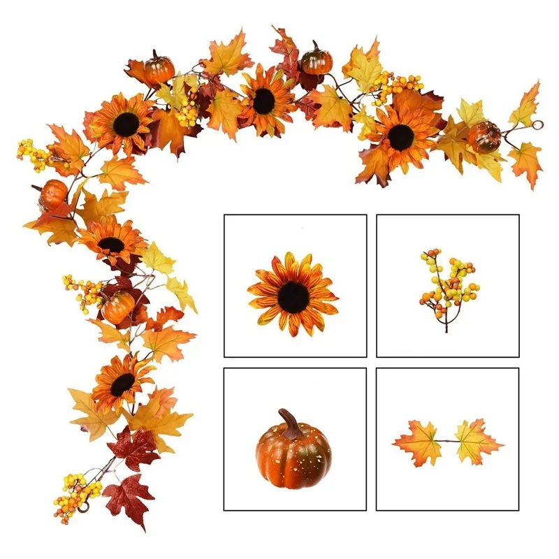 Big Deal 177 cm Artificial Maple Leaf bär Sunflower Pumpkin Garland hängande Vine Decoration Autumn Fall Wedding Party Thanks GG 1282A