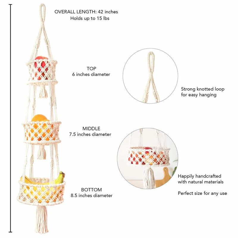 Cesta suspensa de macrame de 3 camadas Boho Decoração de casa Suporte de plantas de flores Cesta de frutas suspensa para cozinha interna e externa decorativa 220219250075