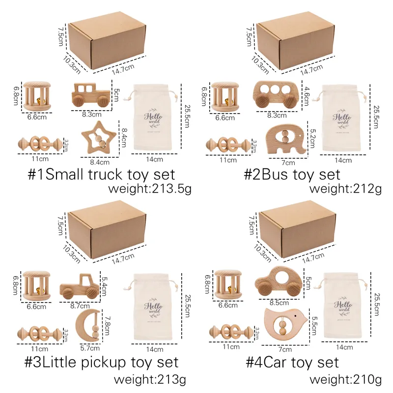4 sztuk / zestaw zabawek dla niemowląt Naturalne bukowe drewniane grzechy ząbkowanie gryzoni pierścień muzyczny urodzony prezent montessori wózek zabawki 220216