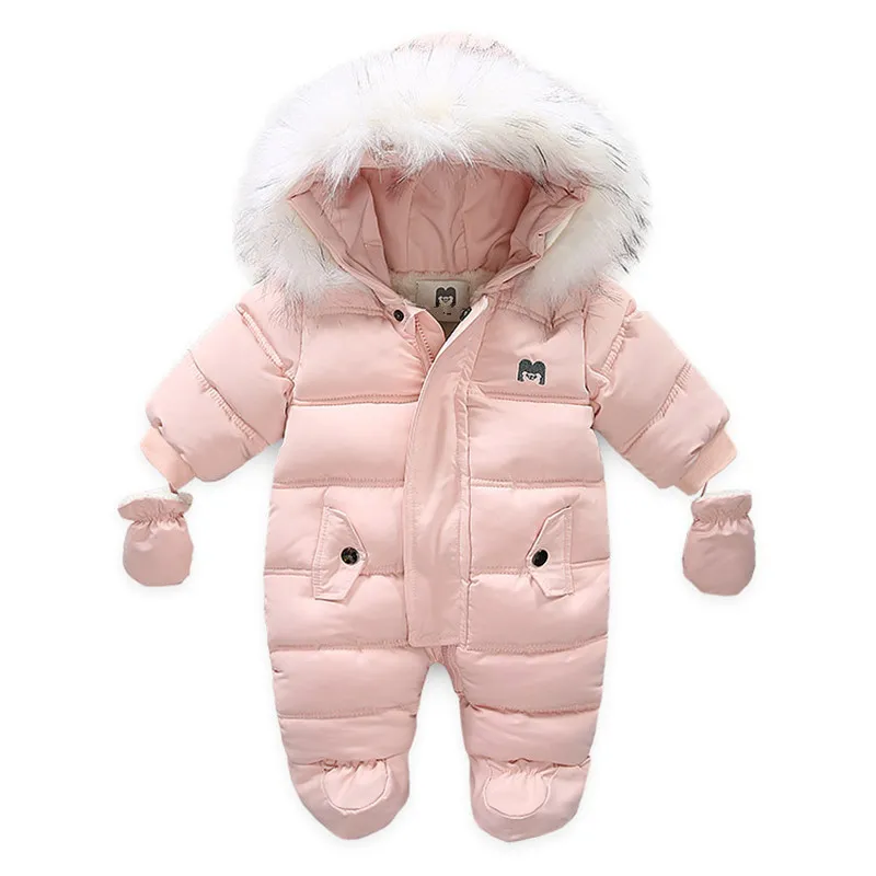 Children Winter Jumpsuit Fur Hood Baby Girl Boy Snowsuit Russian Winter Infant Outerwear Ovealls Baby Thick Rompers with Gloves LJ201023