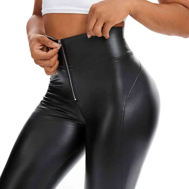 Leggings in PU con cerniera a vita alta le donne Leggins neri con sh up Lady Sexy Booty Stretch Slim Pantaloni sportivi Leggings in pelle donna 211215