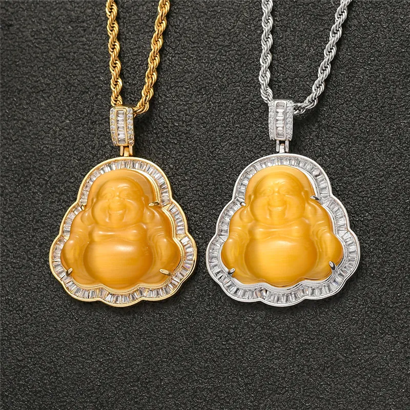 Hip Hop 18K Gold Plated Diamond Zircon Buddhism Necklace Gold Silver Plated Mens Bling Jewelry Gift315J