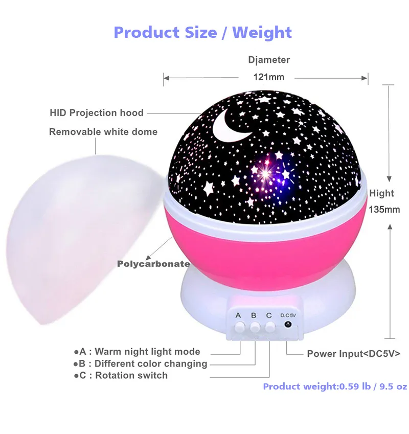 LED rotierende Star -Projektor Neuheit Beleuchtung Mond Sky Rotation Kinder Baby Kindergarten Nachtbatteriebatterie betriebene Notfall -USB Lamp309b