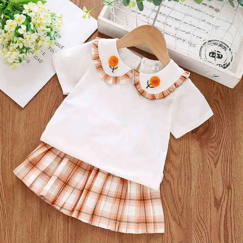GOOPORSON Летняя мода маленькая девочка одежда набор цветочные одежды вышивка воротник топлива плиссированные юбка милые дети наряды G220310