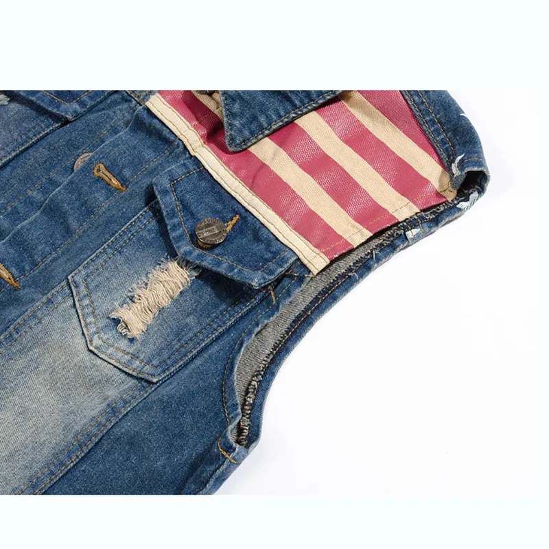 FALIZA Veste pour hommes Veste plissée Design Denim Vest America Flag Blue Gilet sans manches Jeans Vestes Hip Hop Jean Manteaux MJ102 201126