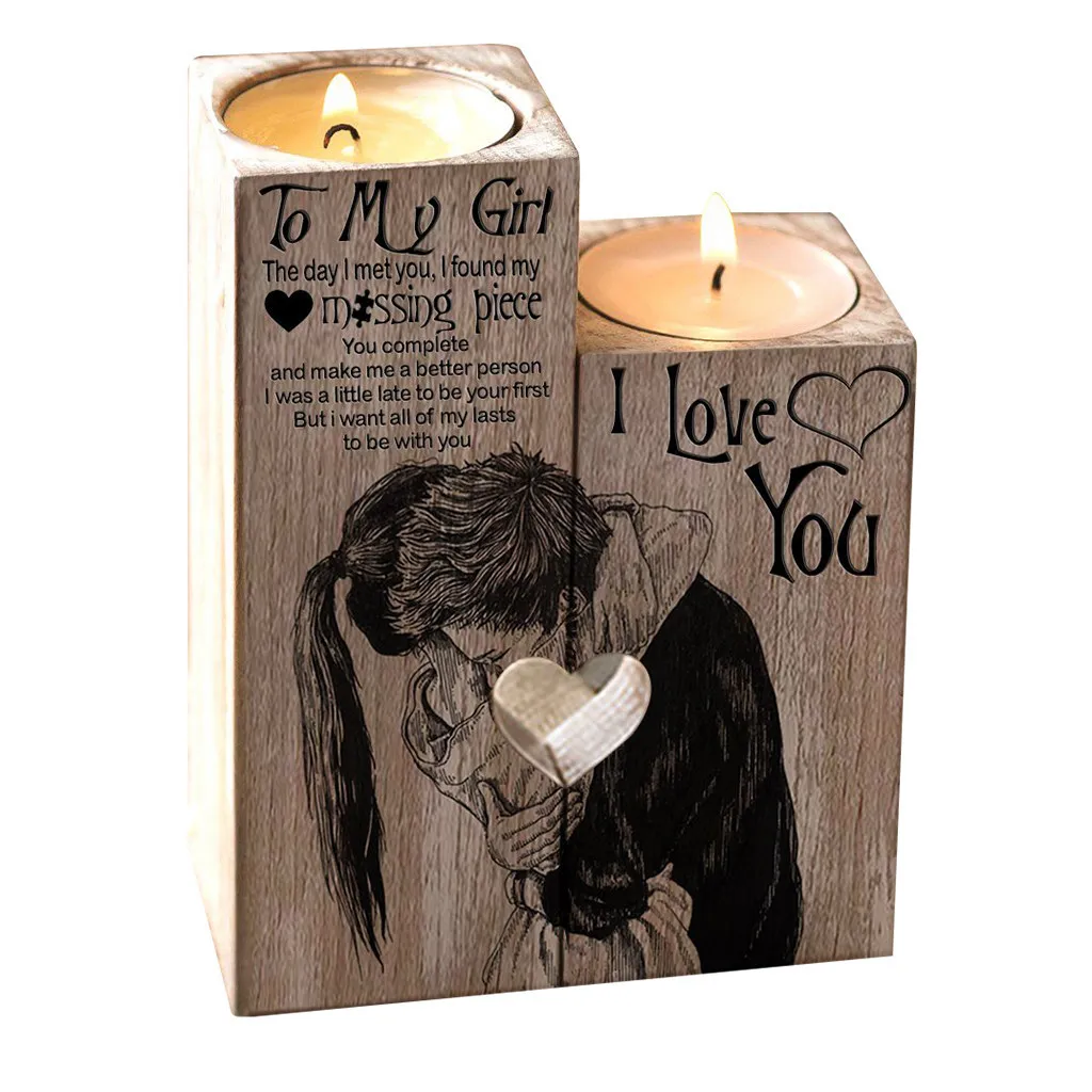 To my girl Heart-shaped Craft Wooden Candle Holder Candlestick Shelf Valentine's Day Decoration Gift Candlesticks Home T200624