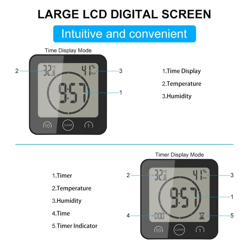 Écran LCD étanche numérique salle de bain horloge murale température humidité compte à rebours fonction de temps lavage douche suspendus horloges minuterie Y200109