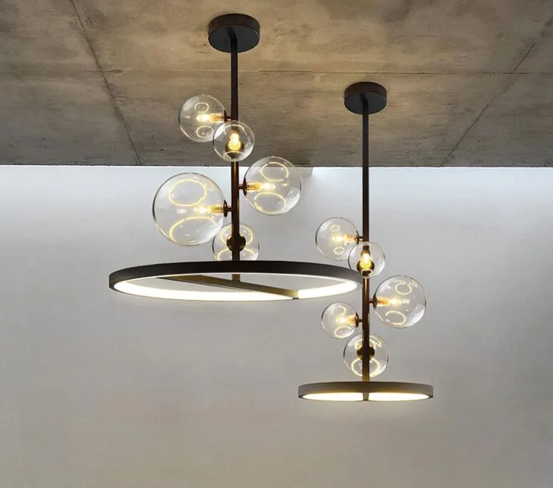 Creative Modern Nordic G9 Chandelier Clear Glass Ball Black LED Pendant Lamp för mats vardagsrum Bar kafé Restaurang260w