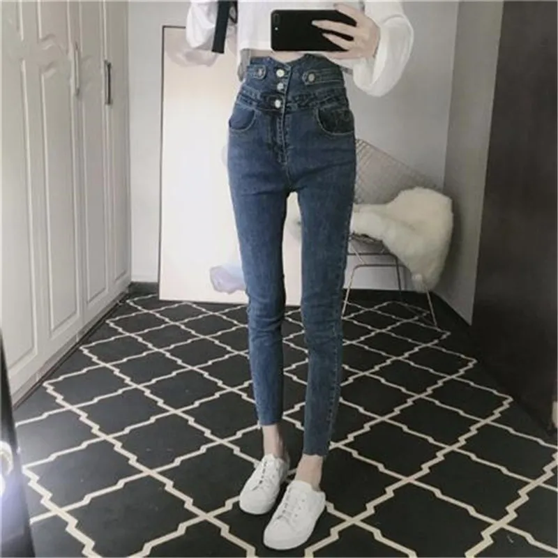 Kvinnor hög midja elastiska skinny denim penna byxor mamma jeans camisa feminina damer slim casual curtaped byxor kvinnlig streetwear lj201029