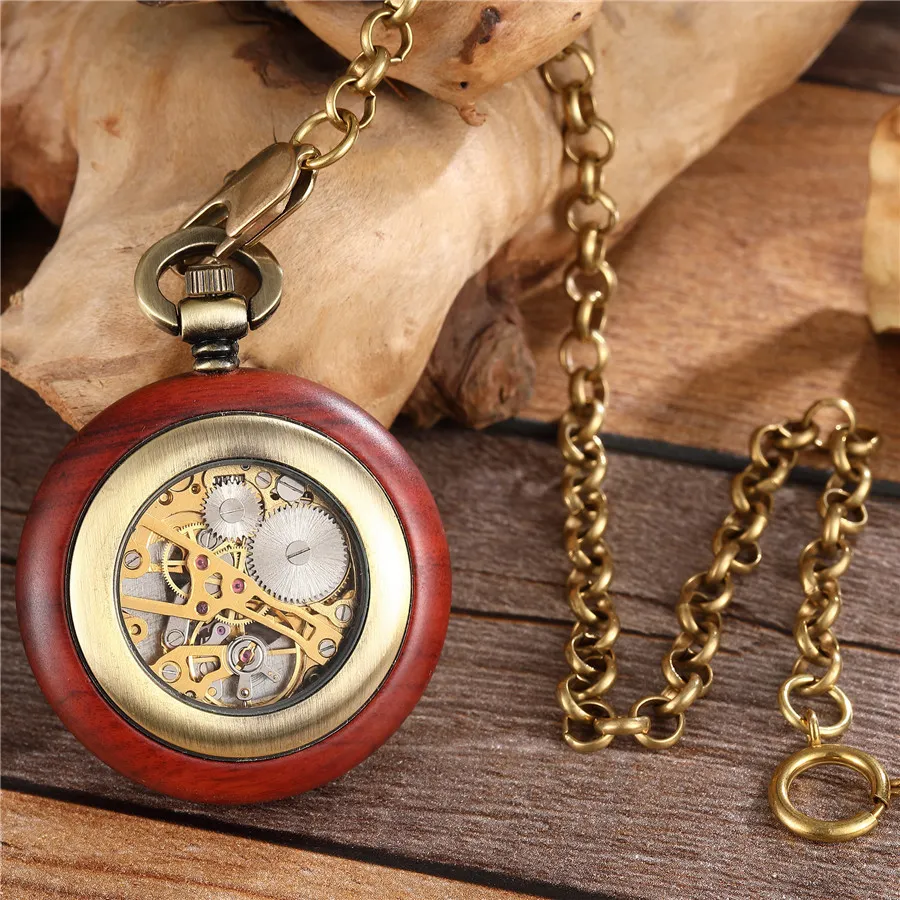 Runde hölzerne mechanische Taschenuhr Luxus Rot Schwarz Holzuhr Handaufzug Skeleton Fob Uhren Männer Frauen Uhr Geschenke Reloj T200502