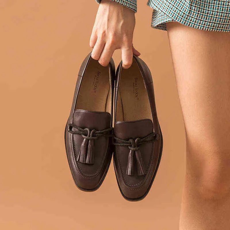 Chaussures décontractées à pampilles pour femmes en cuir de vachette plat sans lacets Style rétro à la pointe de la technologie 2 9