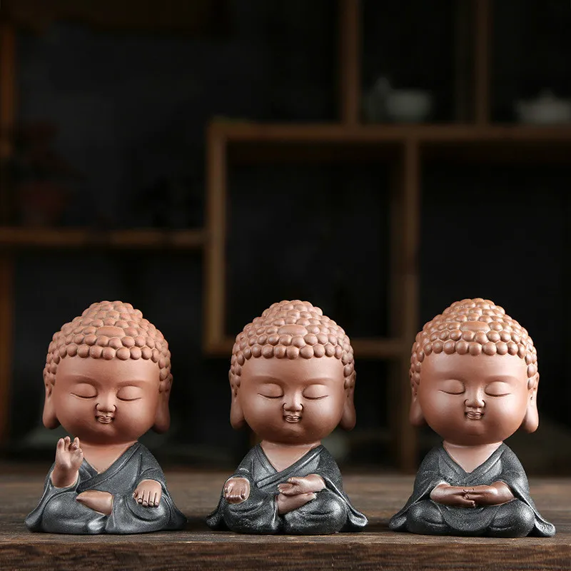 Zen Tathagata ornements pour animaux de compagnie de thé en céramique sable violet petit moine bouddha statues accessoires de décoration figurines miniatures modernes T200710