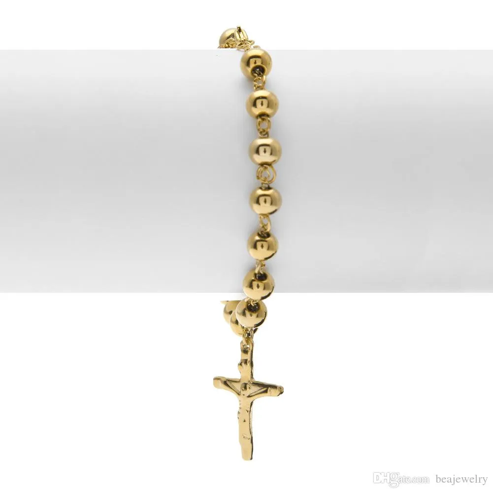 Gioielli Hip Hop Bracciale con perline rosario placcato oro 14 carati Croce in acciaio inossidabile con ciondoli Gesù Catena a maglie pendente Religione femminile Pu193i