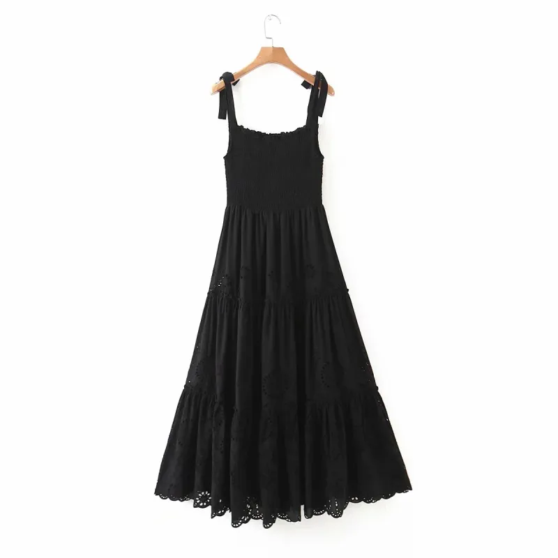 Vintage kadınlar siyah bomba pamuk elbise yaz moda bayanlar yumuşak boho uzun elbiseler kadın zarif maxi elbise kızlar chic lj200810