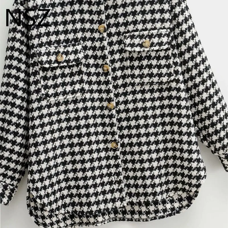 Nsz mulheres preto e branco houndstooth oversized tweed jaqueta de lã mistura camisa xadrez casaco verificado overshirt vestuário outerwear 201120