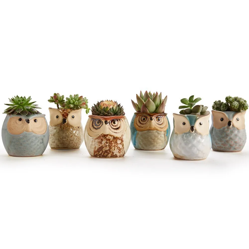 Ceramic Owl Flower Pots Planters Flowing Glaze Base Serial Set Succulent Cactus Plant Container Planter Bonsai Pots Y200723