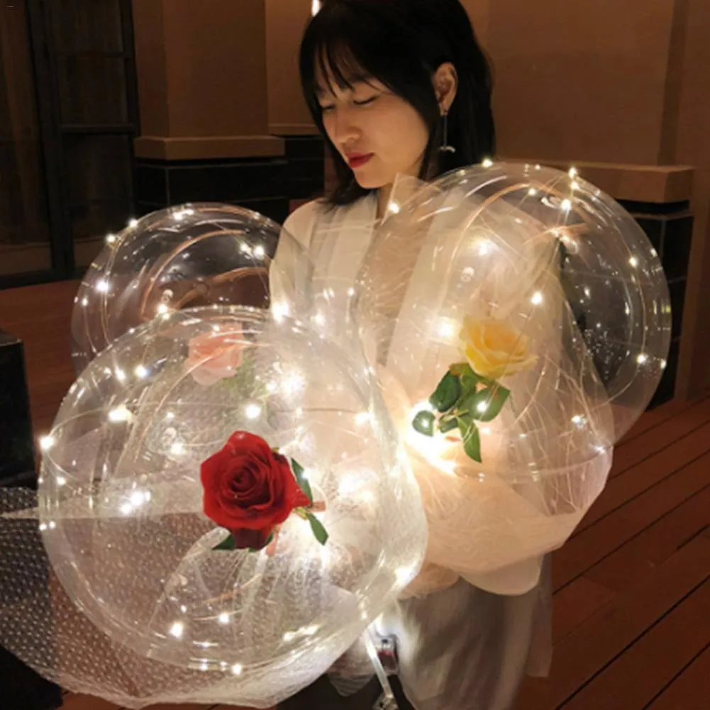 LED Luminous Balloons Transparent Round Foam Rose Bouquet Bobo Ball Birthday Party Wedding Decoration Valentines Day Balloons 1027