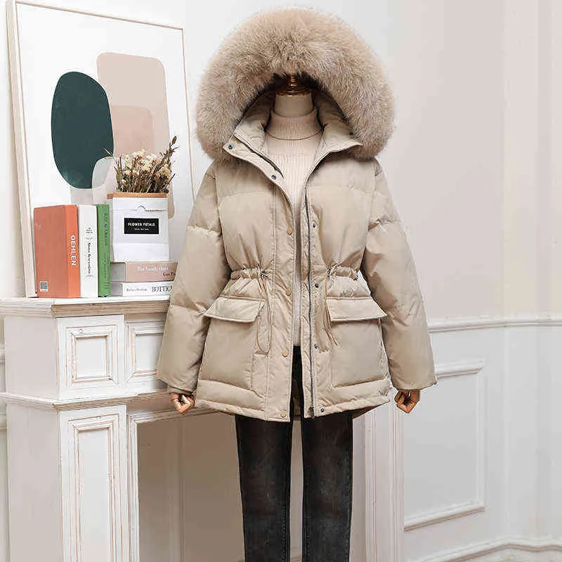 Manteau d'hiver en duvet de canard blanc pour femmes, mode à capuche, col en vraie fourrure, épais et chaud, vêtements en plumes, Parka pardessus 211221