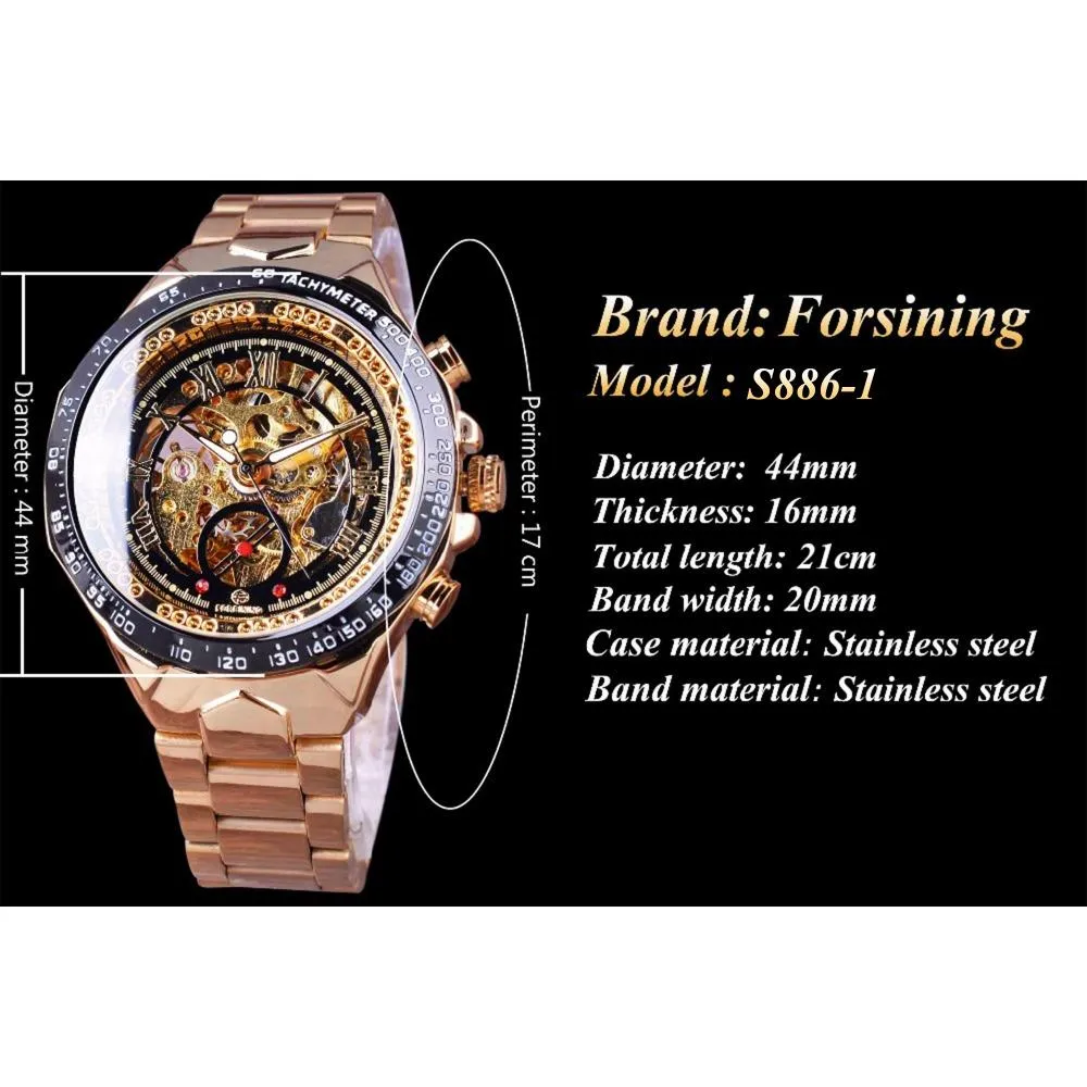 Forsining Roestvrij Staal Klassieke Serie Transparant Gouden Beweging Steampunk Mannen Mechanische Skeleton Horloges Topmerk Luxury219b