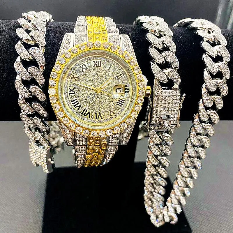 Montres-bracelets Montres entièrement glacées Hommes Cubain Lien Chaîne Bracelet Collier Couple Bling Bijoux Pour Hommes Grandes Chaînes En Or Hip Hop Wa2741